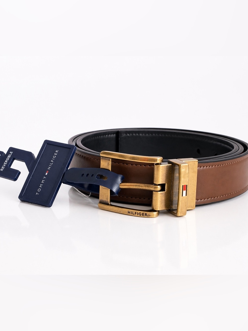 Tommy Hilfiger brown/black leather belt with gold buckle, size XL (42-44)